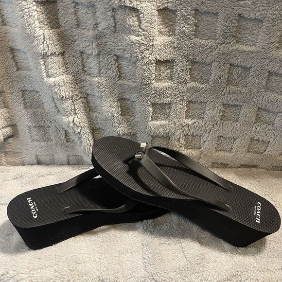 Coach Loralyn Black Wedge Thong Slip On Sandals Flip Flops Rubber Sz US 9B - Picture 1 of 16
